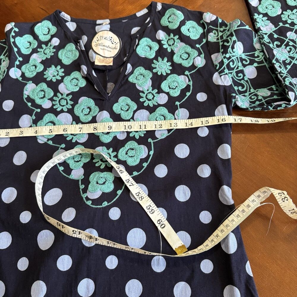 Almatrichi Madrid Spain Sz 36 Tunic Dress Navy Blue Polka Dot Floral Embroidered - Picture 6 of 12